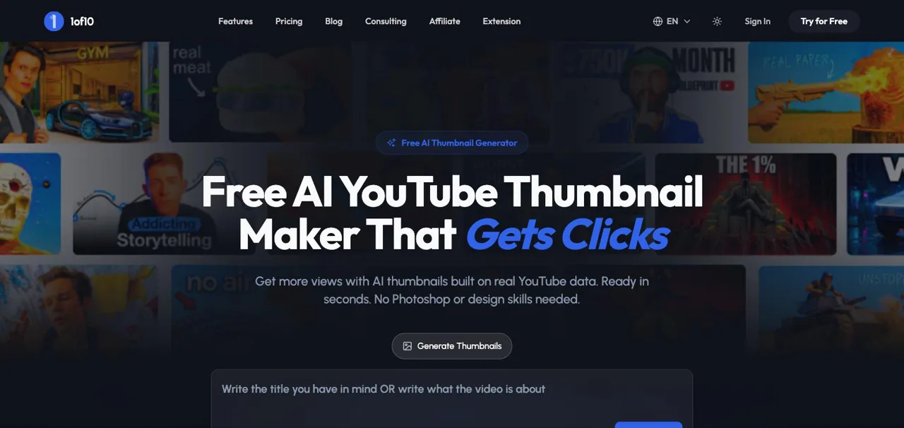 1of10 free AI thumbnail maker page with title-to-thumbnail prompt box, July 2026