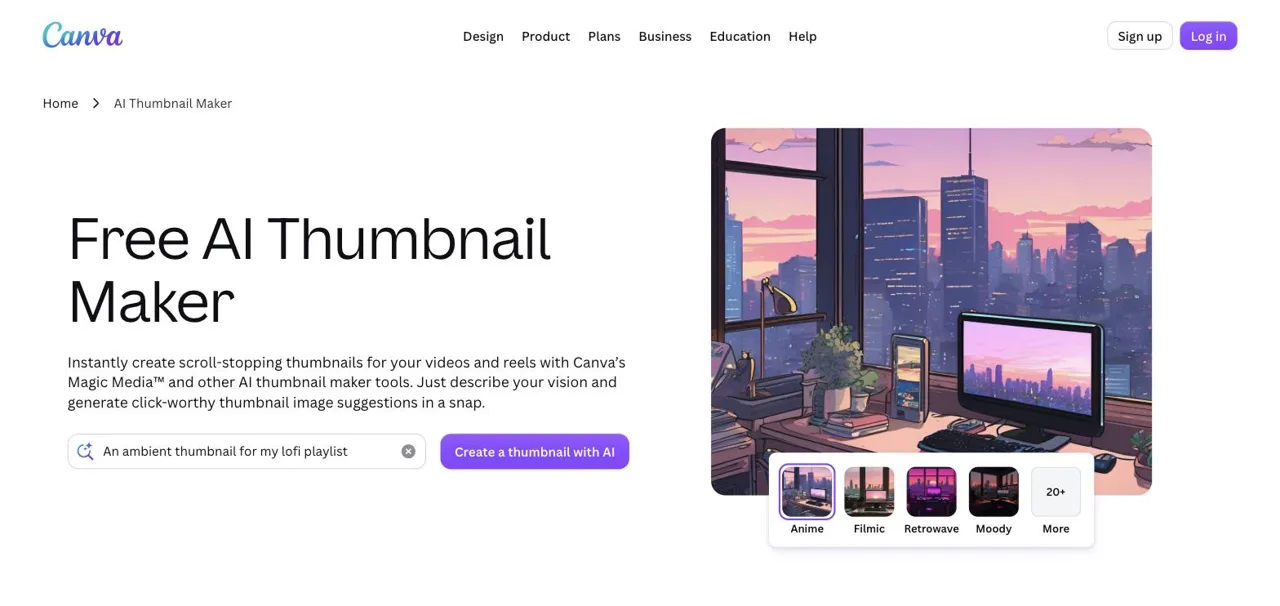 Canva free AI thumbnail maker page with Magic Media style presets, July 2026
