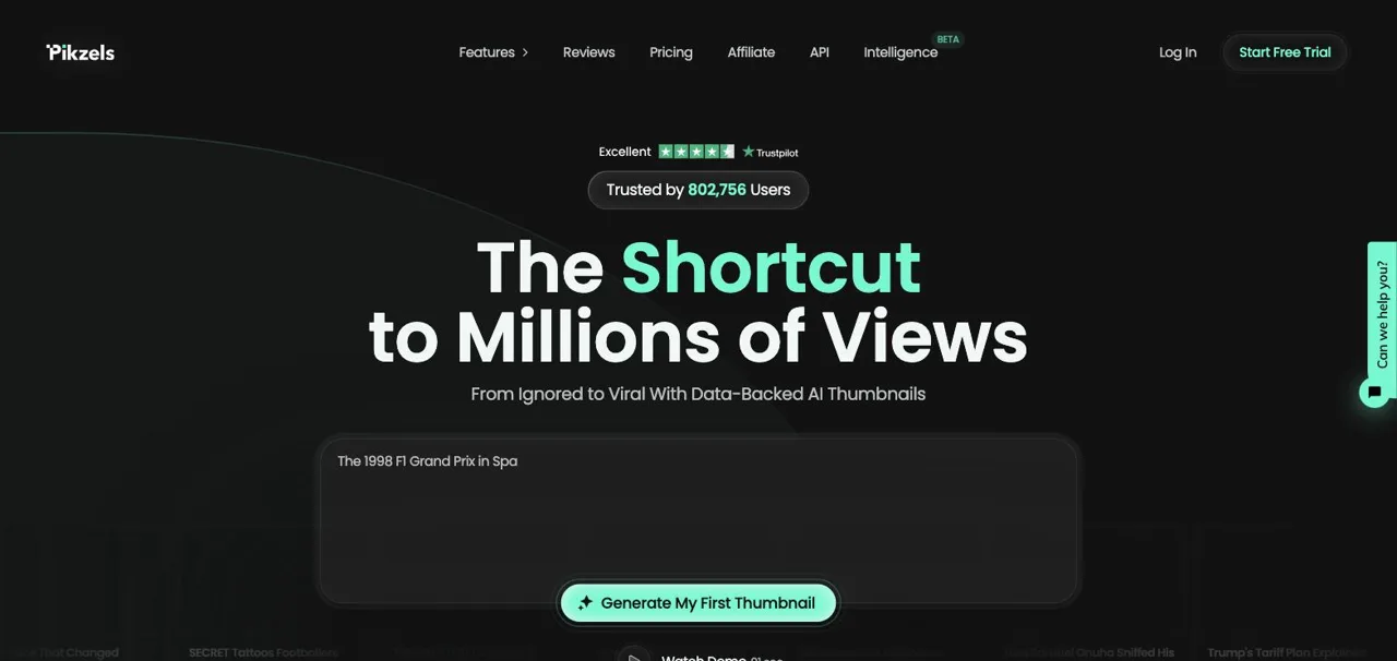 Pikzels homepage with its prompt-to-thumbnail generator field, July 2026