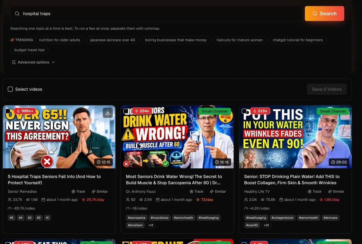 Searching hospital traps in the Outlier Finder and getting outlier-scored results, including a 33,700 subscriber channel with 1.1 million views