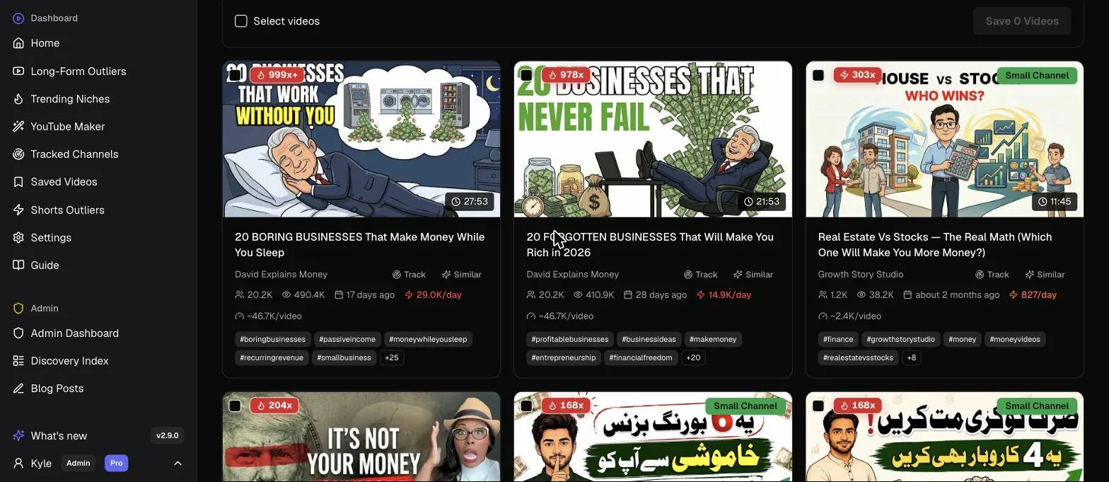 Outlier Finder results for the boring businesses search, showing videos scoring 999x and higher above their channel medians
