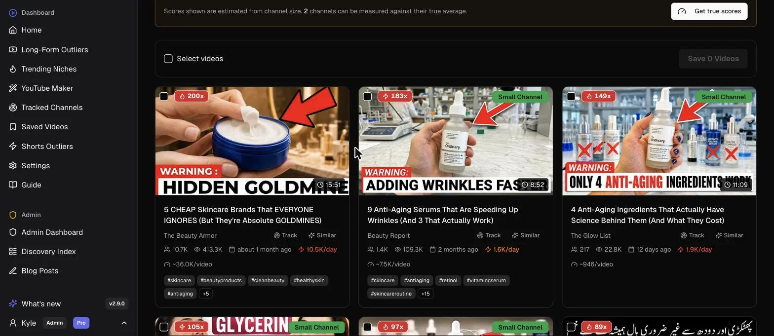 Outlier Finder results for the anti aging search, showing small beauty channels scoring 149x to 200x above their channel medians