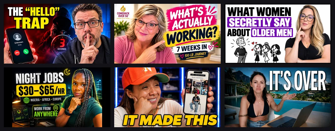 Six October 2026 breakout YouTube thumbnails pairing a close-up human face with a short text hook, including a scam-call warning, a weight-loss update, and a remote-jobs offer