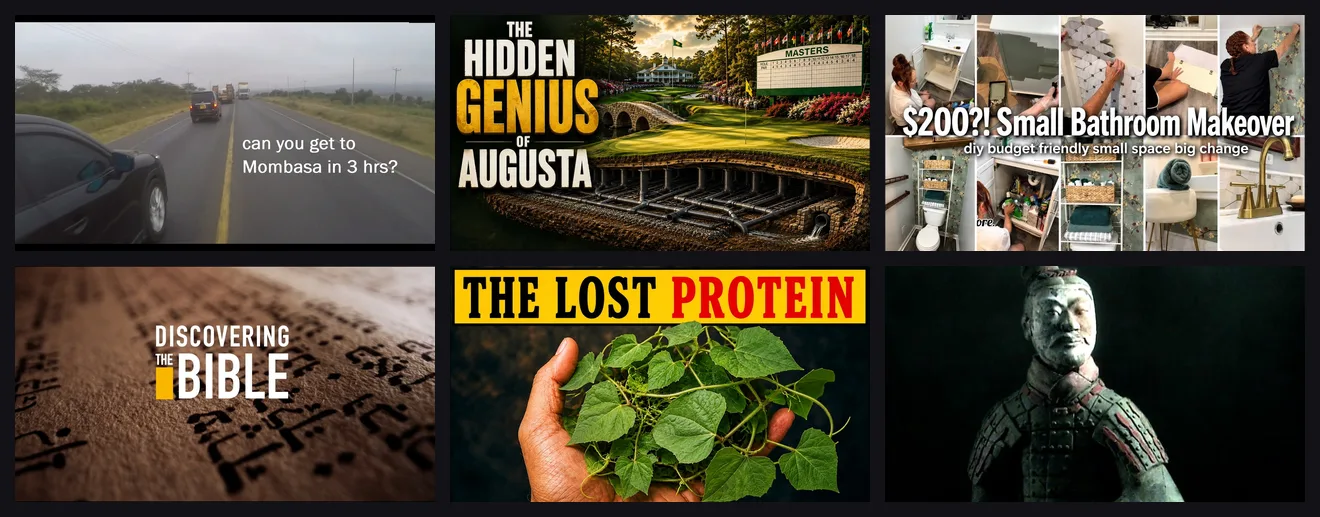 Six October 2026 breakout YouTube thumbnails with no human face: a highway dashcam view, a golf course cutaway, a bathroom makeover collage, a Bible manuscript, a handful of plants, and an ancient statue