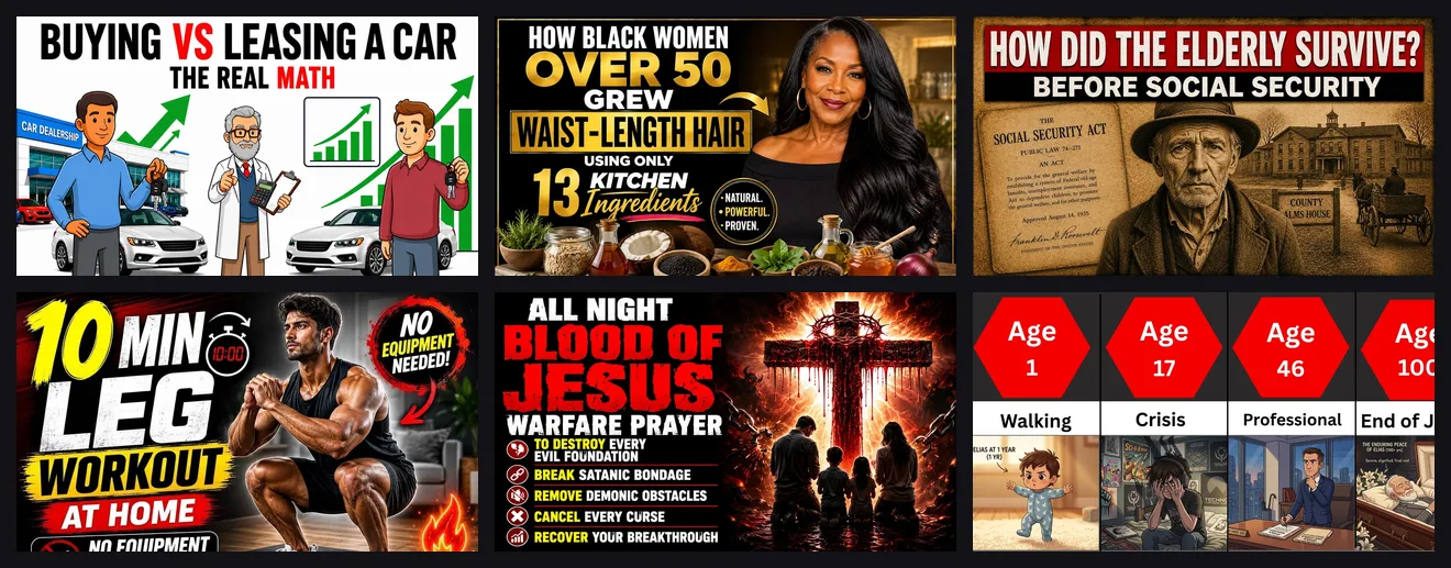 Six October 2026 breakout YouTube thumbnails built around text: a buy-versus-lease comparison, a long hair-care promise, a history question, a workout, a prayer list, and an age timeline