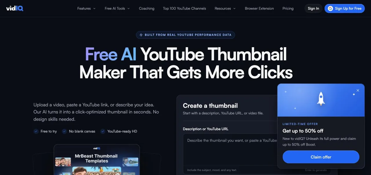 vidIQ AI thumbnail maker page accepting a description, YouTube URL, or video file, July 2026